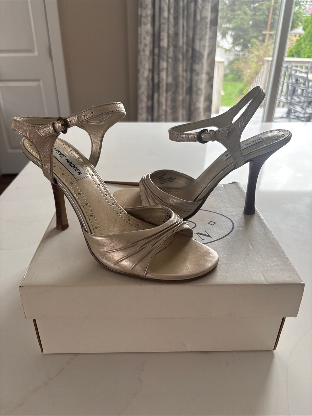 Steve Madden Metallic Champagne Open-Toe Ankle-Strap Heels